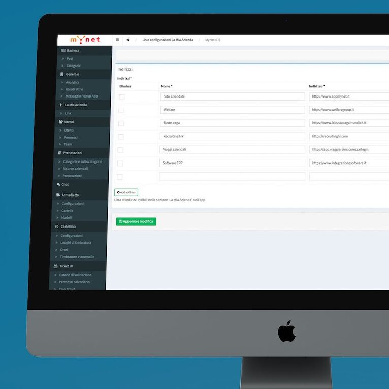 Schermata del Back Office con Link aziendali e collegamenti diretti a piattaforme esterne