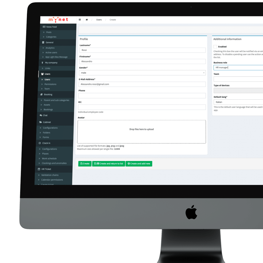 new user entry from the Back Office in its English version