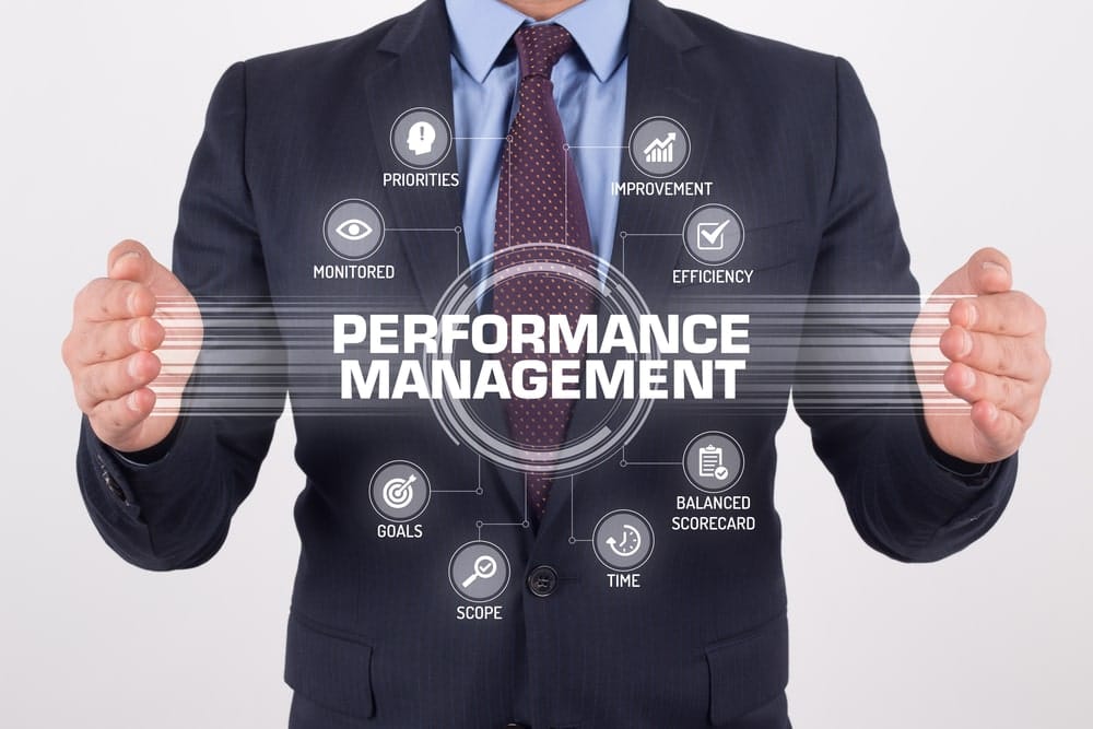 performance management: infografica con uomo d'affari e elementi chiave