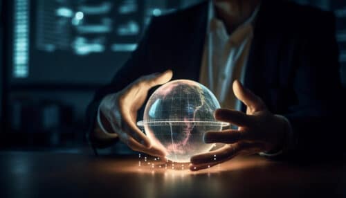 strumento comunicazione holding: persona che tiene tra le mani l'olografia del mondo