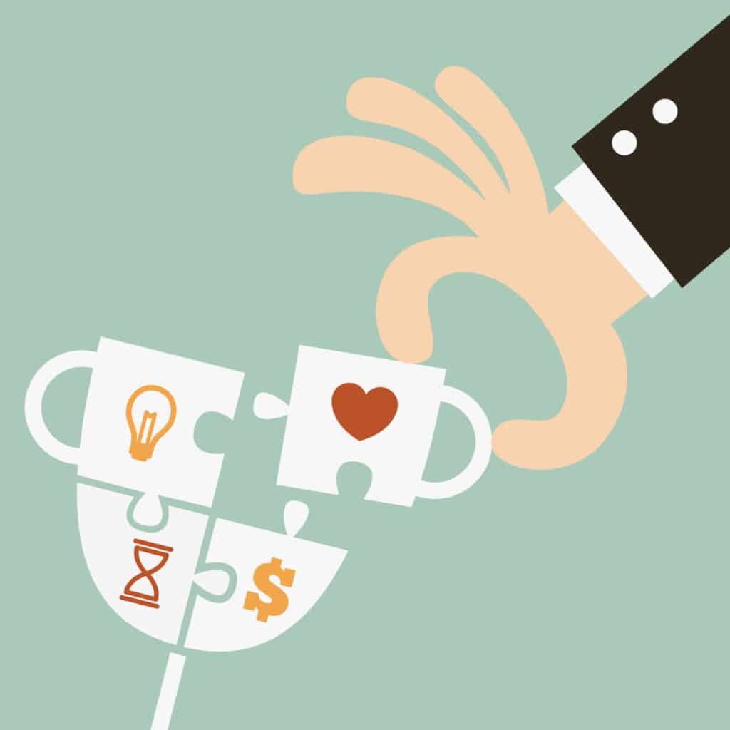 pezzi di puzzle con simboli relativi a tempo, denaro, formazione e benessere tipici del total reward