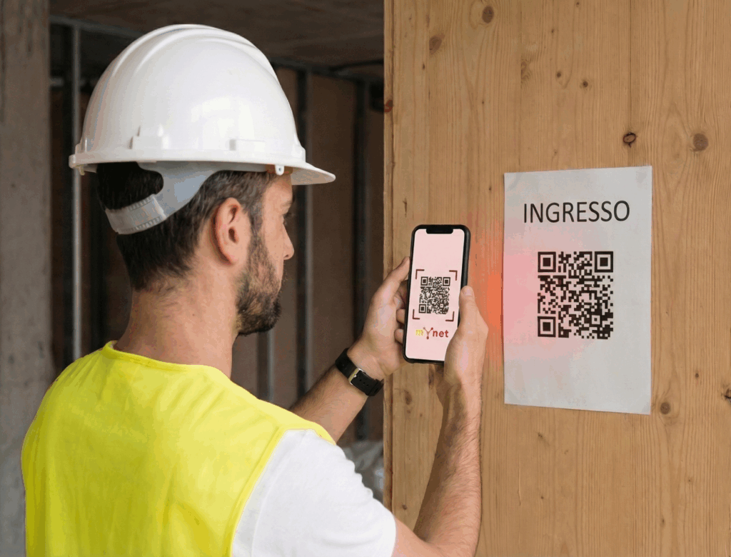 operaio di cantiere che effettua la timbratura tramite qr code del proprio badge digitale